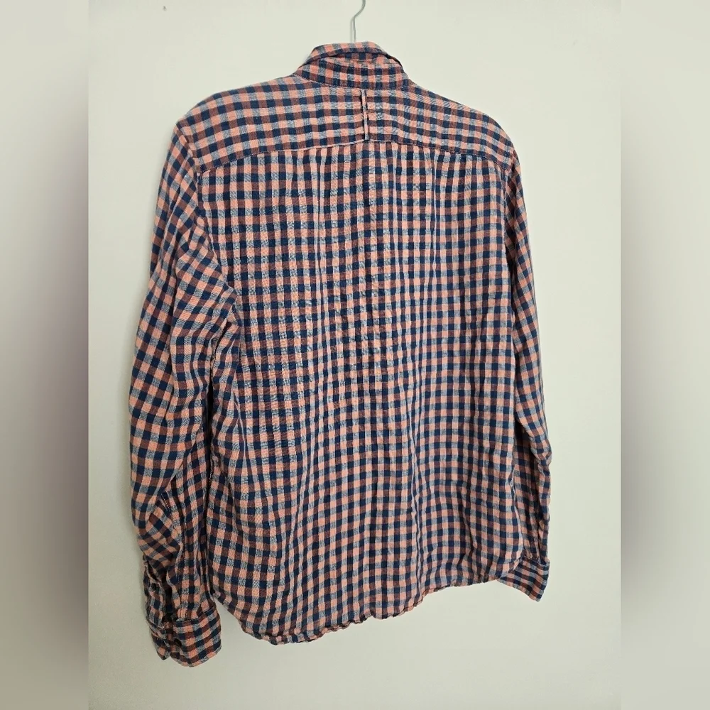 Banana Republic Camden Fit Linen Blue and Pink Checkered Shirt | M